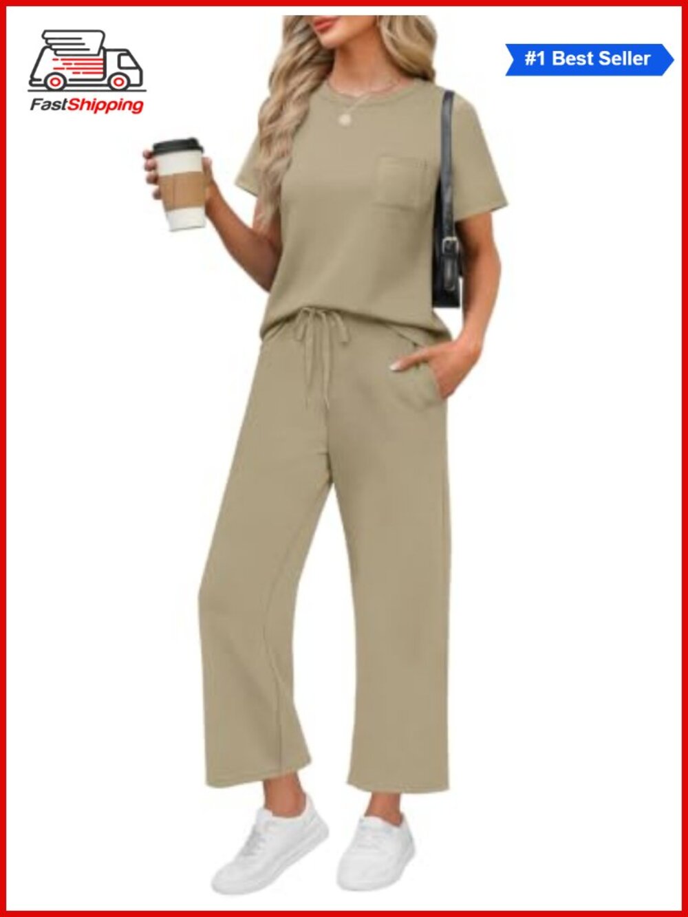 ✨ WIHOLL 2 Piece Set Women Casual Summer Travel Lounge Wide Leg Crop Pants